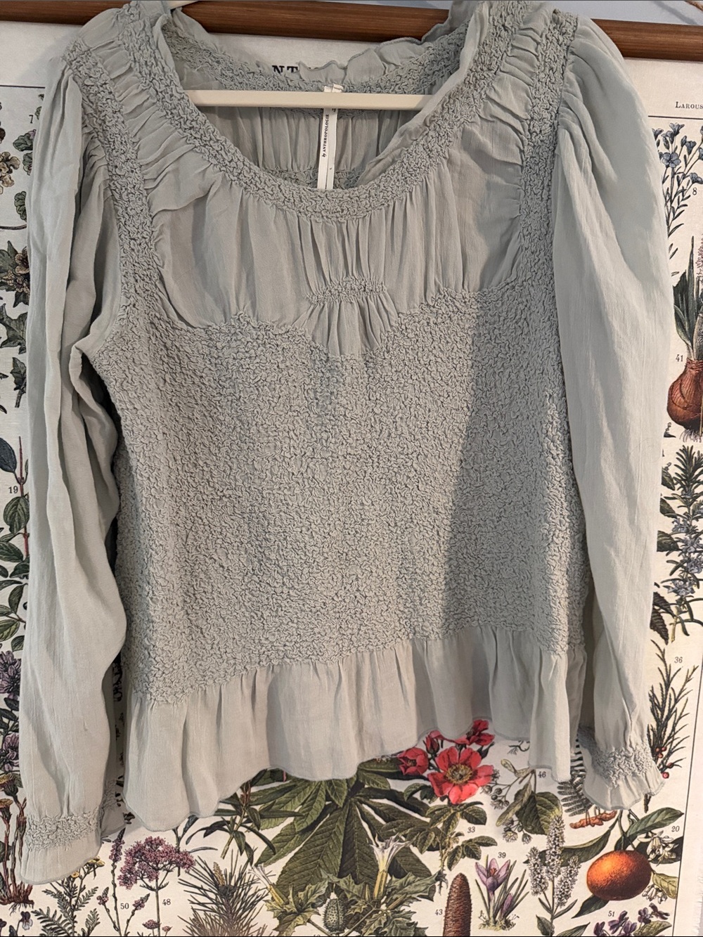 Anthropologie Sage Green Smocked Long-Sleeve Peasant Top